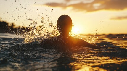silhouette of a woman partially submerged in ocean water at sunset, water reaching her shoulders, arms raised, splashing water around her, dramatic water 