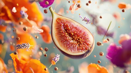 Sliced honey-glazed fig surrounded by burnt orange marigold petals, pink peppercorns, and lavender buds. Suspended in a surreal spatial composition 
