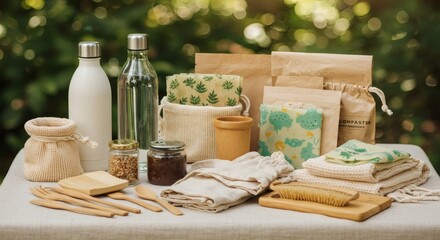 Eco-friendly products arranged to promote a sustainable way of life, showcasing various products and encouraging mindful consumption