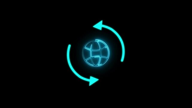 Neon Globe with Circular Arrows, Global Network, Digital Connectivity, International Communication, Technology, Cybersecurity, Around the Globe Connection.
