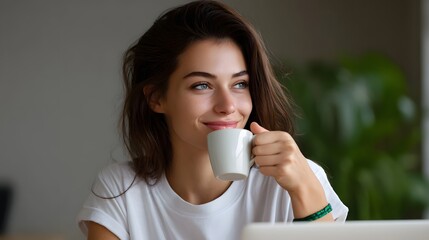 Happy young woman enjoying a coffee break while working from home