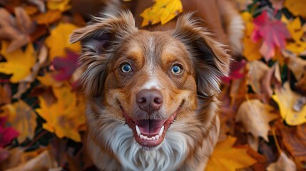 Golden retriever having fun in a field of autumn leaves