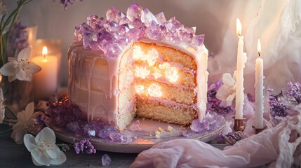 tall russian kulich cake sliced open, inside glowing pastel crystals like geode, soft transparent icing dripping down the sides, light pink and lilac colors, 