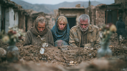 Family Praying by Makeshift Grave in War-Torn Area