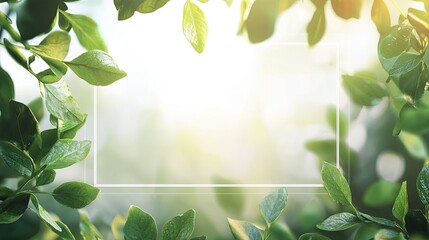 Transparent text box in the center of a blurred natural background with green leaves and morning light, soft bokeh effect