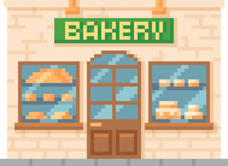 Bakery shop game pixel art, vector cartoon pixelated showcase with cake dessert, pastry products assortment on shelves