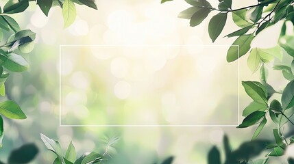 Transparent text box in the center of a blurred natural background with green leaves and morning light, soft bokeh effect