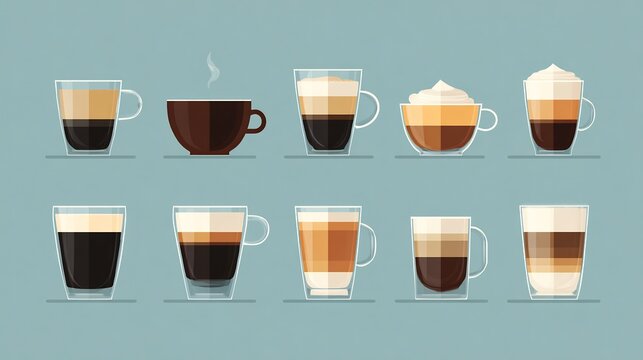 a clean, modern icon set of different types of coffee drinks (espresso, latte, cappuccino), rendered in a minimalist flat design style, perfect for a menu