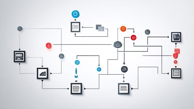 a clean and professional flowchart diagram illustrating a complex decision making process, using minimalist icons and a clear visual hierarchy, perfect for a corporate presentation