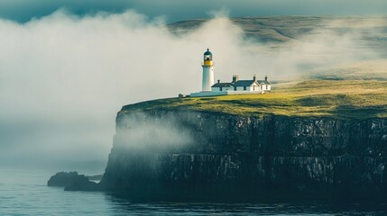 White Lighthouse on a Misty Coastal Cliff