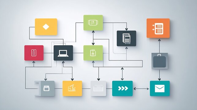 a clean and professional flowchart diagram illustrating a complex decision making process, using minimalist icons and a clear visual hierarchy, perfect for a corporate presentation