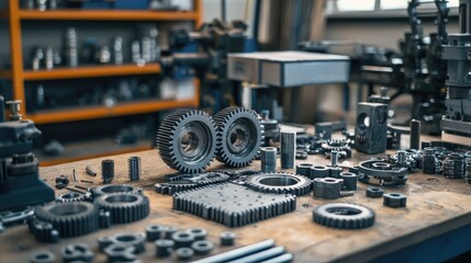 Zinc alloy gears and mechanical parts arranged on a workbench, showing industrial craftsmanship.