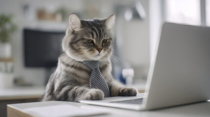 A striped tabby cat, impeccably dressed in a business tie, intensely works on a laptop in a modern, brightly lit office, comically portraying dedication