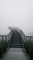 Misty curved stairway ascending into fog at park