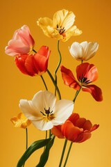 Fototapeta premium Colorful tulips in shades of red, white, pink, and yellow bloom vividly against a saturated yellow backdrop, symbolizing spring energy.