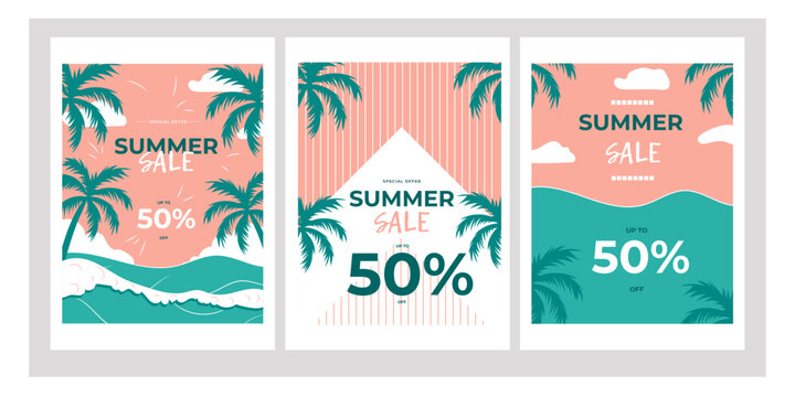 Summer Sale. A set of discount flyers and posters. Beach theme, green sea and pink sky. Vector illustration. Template for promotions and shopping for summer.