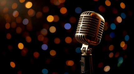 audio microphone retro style, classic, vintage-style microphone with a gold-colored grille and a chrome base, standing prominently on a stage. The microphone is slightly angled