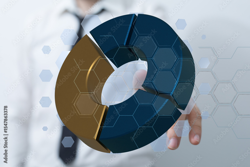 Poster stock photo of a businessman interacting with a 3d pie chart, showcasing data analysis and business 