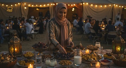 Woman in hijab preparing dates at iftar table during Ramadan with warm lighting and festive atmosphere