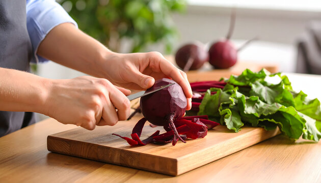 Hand holding fresh beetroot while peeling and cutting organic vegetable for healthy meal making domestic meal preparation vegetable peel knife