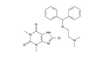 dimenhydrinate molecule, structural chemical formula, ball-and-stick model, isolated image antiemetic agent