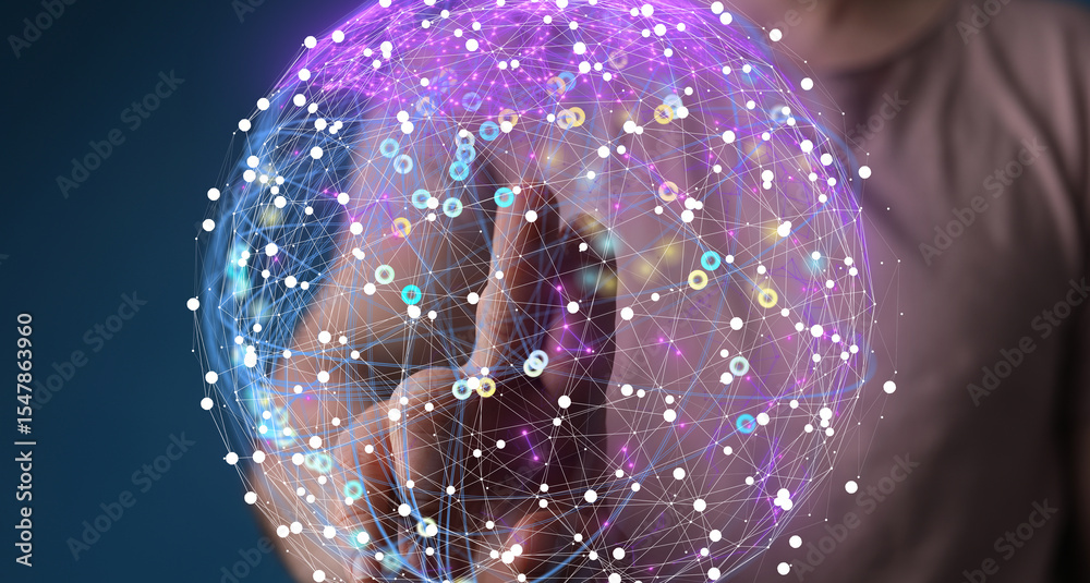 Aufkleber Abstract image of a hand interacting with a glowing digital sphere, representing global networking and connection.