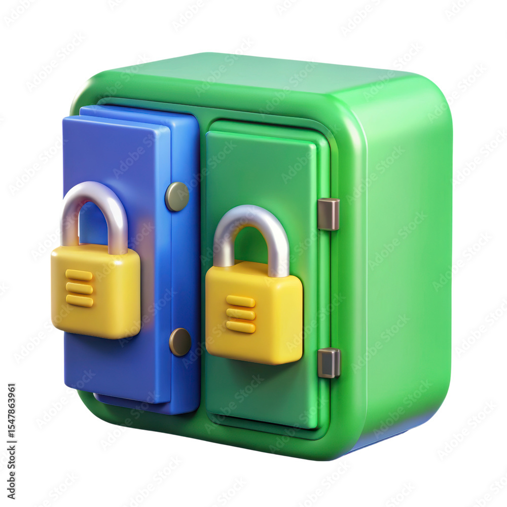 Poster colorful safe with padlocks 3d rendering plasticstyle icon isolated on transparent background for se