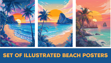 set of illustrated beach posters flyer prints eps vector