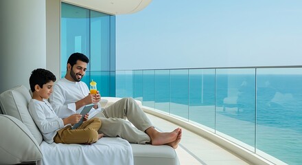 Father and son bonding on a luxurious balcony overlooking the serene ocean, enjoying quality time and relaxation together