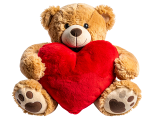 Tiny Teddy Bear Holding a Red Heart Pillow, isolated on transparent background