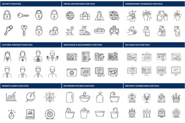 Collection of various line art icons for different topics.