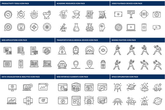 Line art icons depict various subjects in diverse categories, like productivity, academics, transportation, and boxing.