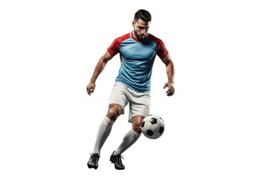 Focused Football Player Dribbling Ball in Dynamic Isolated Studio Shot