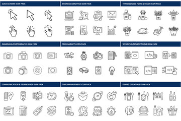 Line art icons, various categories, for website design or user interface. Modern, simple vector illustrations.
