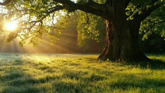 Sunlit morning rays shine through majestic oak tree in serene meadow