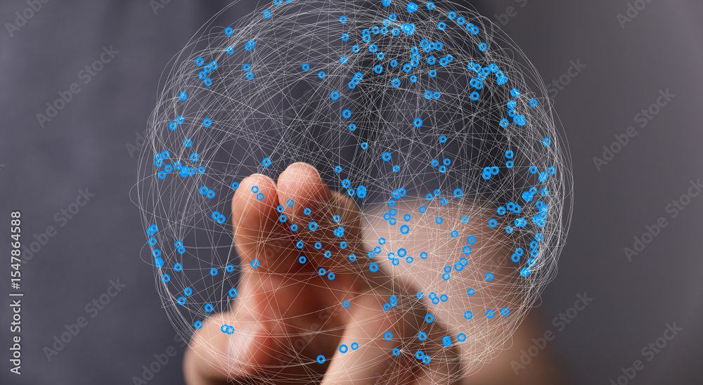 Aufkleber Abstract image of a hand interacting with a digital network sphere. Represents connection, technology, and globalization.