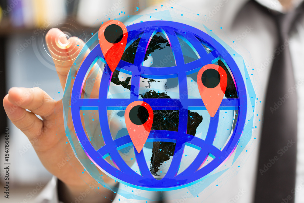 Poster Image of a hand interacting with a digital globe showing multiple location markers, representing a global network.