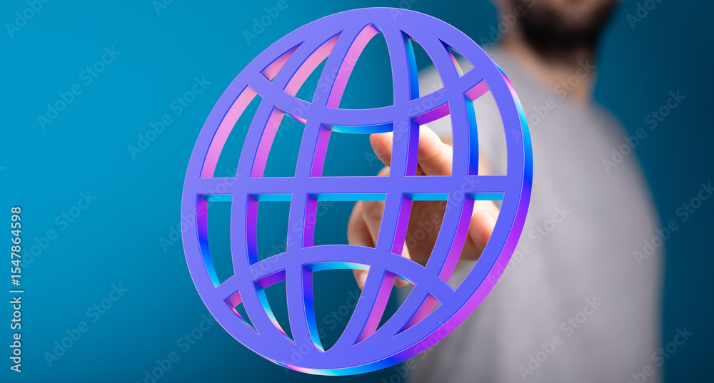 Poster Abstract image of a hand interacting with a 3D holographic globe, symbolizing global connectivity and networking.