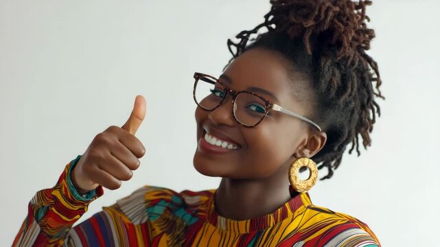 A cheerful woman wearing vibrant attire smiles while giving a thumbs up gesture. Her glasses and accessories complement her joyful expression, creating an uplifting atmosphere