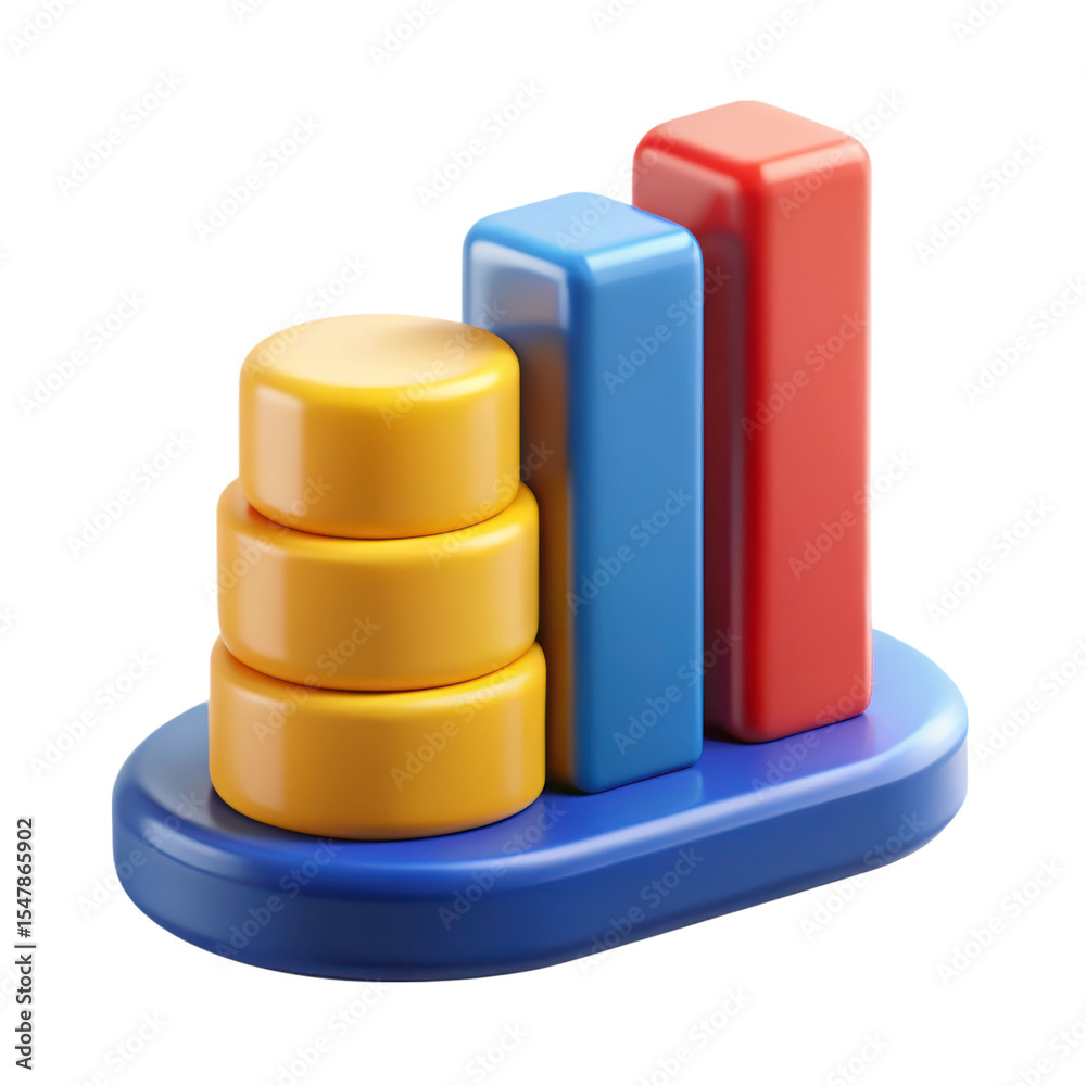 Poster shiny 3d rendering plasticstyle icon with stacked cylinders and bars isolated on transparent backgro