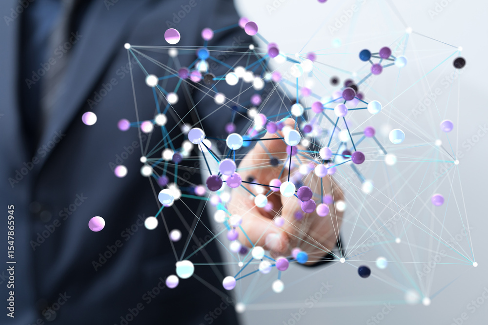 Poster Abstract image of a businessman interacting with a digital network. Perfect for technology, connection, and global business concepts.