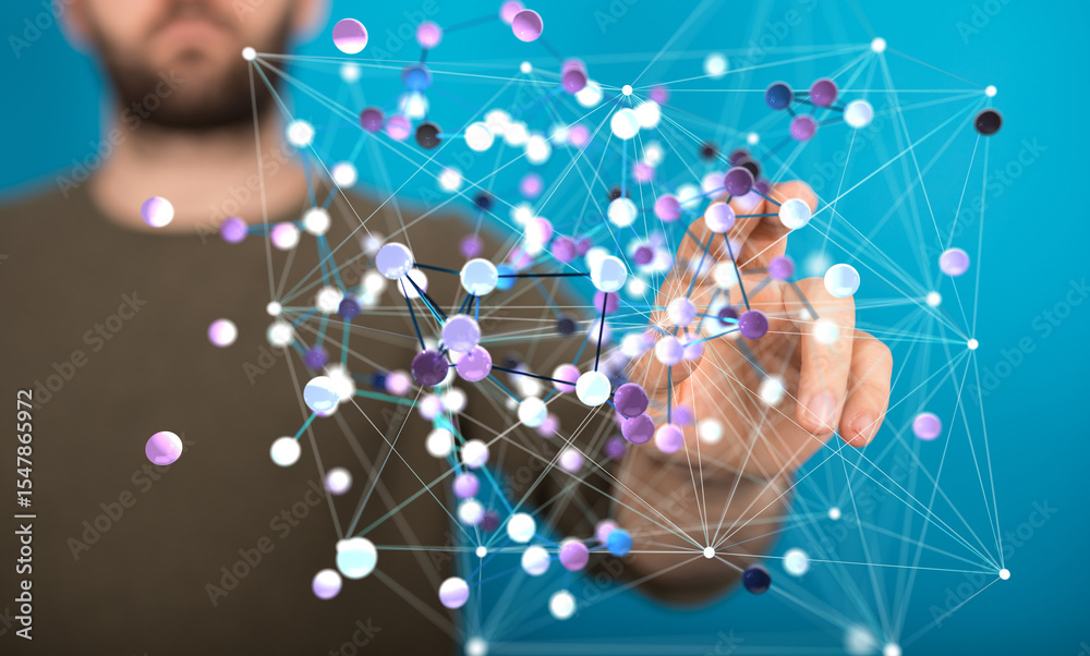 Poster Abstract image depicting a man interacting with a digital network, symbolizing connection, technology, and data.