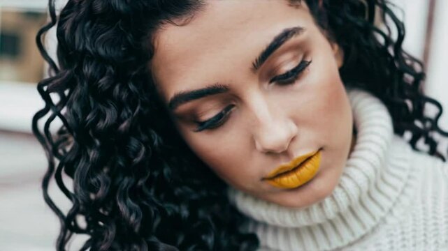 Curly hair woman with yellow lipstick looking