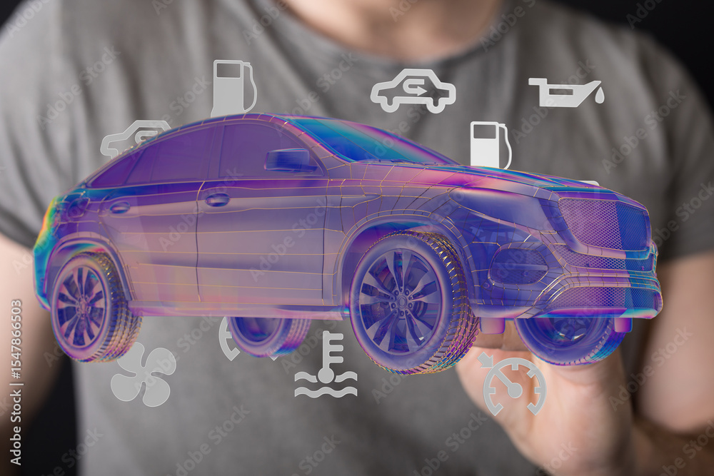 Poster innovative car repair and maintenance using digital technology. improve efficiency and reduce costs.