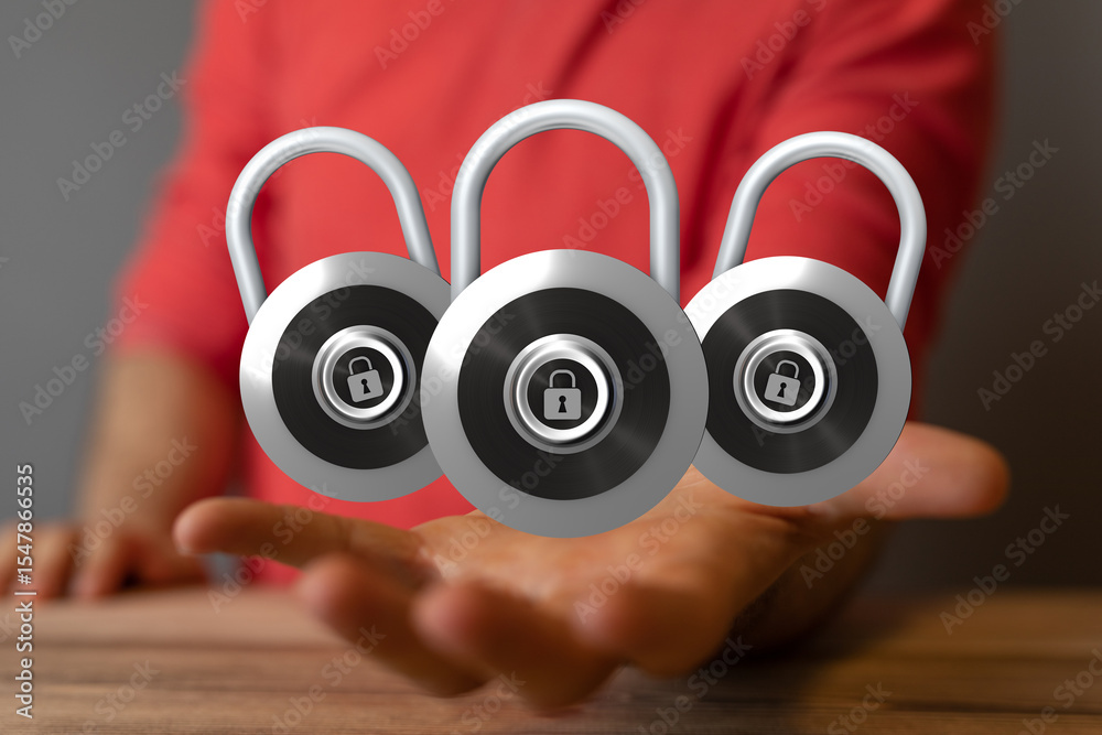 Poster image of three padlocks symbolizing data security and protection. concept for online safety, cyberse
