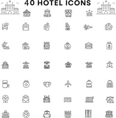 40 Hotel and Travel Line Icons Set for Hospitality, Booking, and Tourism Design