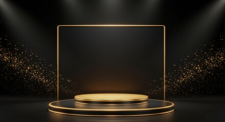 A gold  black podium is centered on a stage with a gold frame backdrop surrounded by sparkles under spotlights