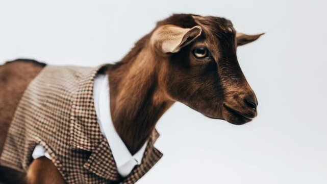 Goat dressed in stylish tweed jacket plain background