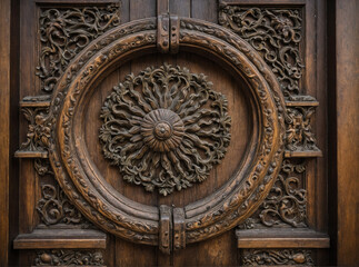 Obraz premium Ornate wooden door with detailed carving, perfect for architectural and design concepts.