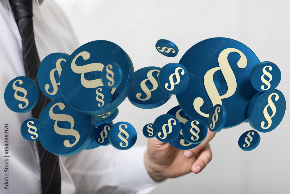 Poster Abstract image of 3D paragraph symbols floating around a person's hand, representing legal concepts.